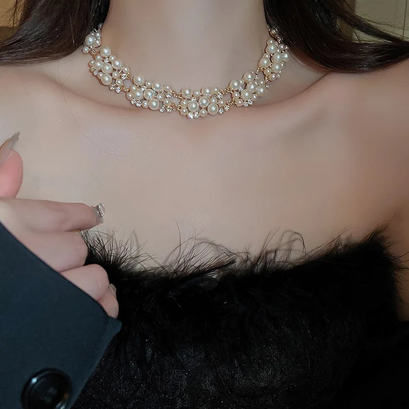 Vintage Pearl & Rhinestone Jewelry Set | Matching Choker Necklace & Earrings