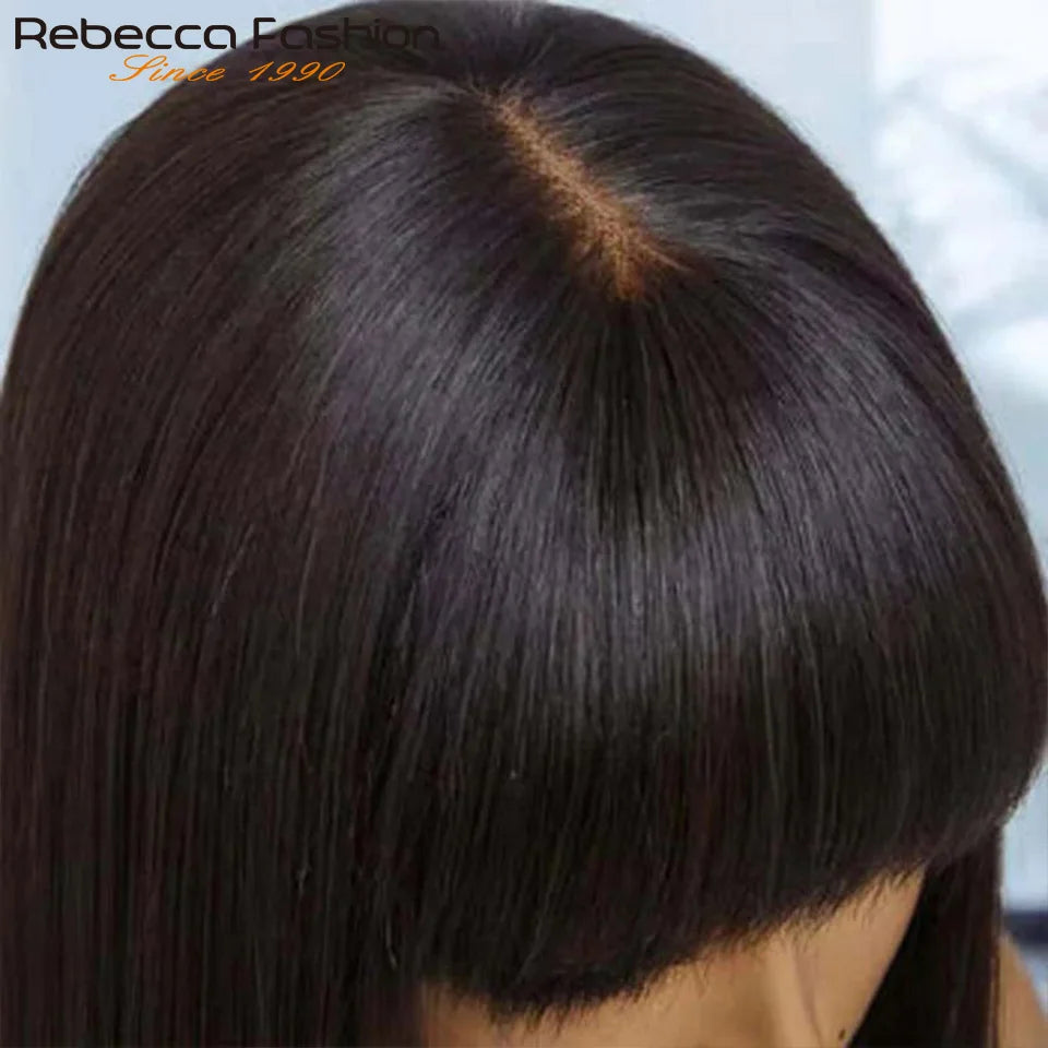 Brazilian Straight Human Hair Bob Wig with Bangs - Realistic Scalp Lace Frontal Fringe Wig