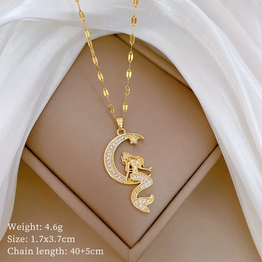 Mermaid Moon Celestial Necklace in Polished Stainless Steel – Tarnish-Free
