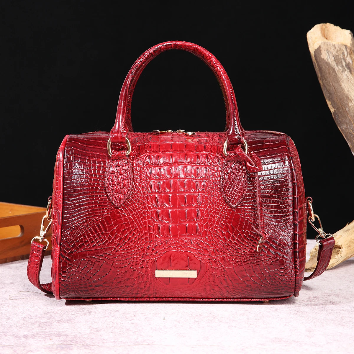 Ombre Crocodile Embossed Leather Boston Bag - Classic Satchel Handbag & Crossbody Purse for Women - Croc-Effect Top Handle Bag
