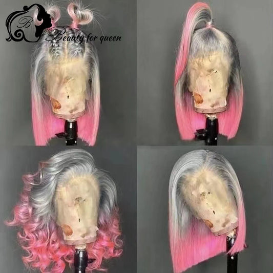 Grey Pink Ombre Short Bob Wig – 13x6 HD Transparent Lace Frontal – 100% Human Hair with Natural Hairline