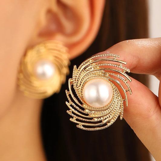 Gold Eye Shape Statement Earrings | Vintage Pearl Drop Dangle Earrings